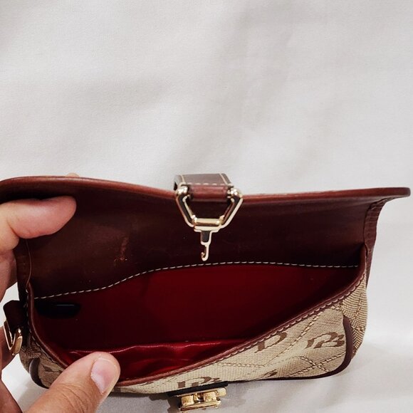 Dooney & Bourke BROWN LEATHER Logo Purse Bag Small Canvas Monogram Gold Used - Picture 13 of 16